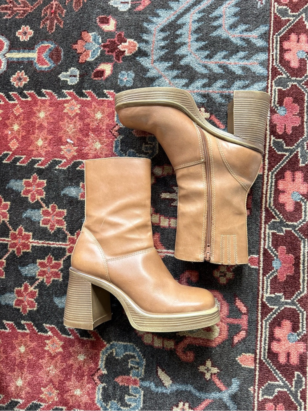 Tan leather Steve Madden platform boots with chunky heel